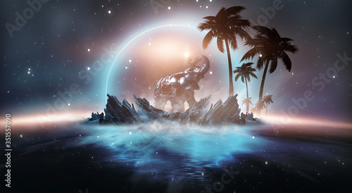 Futuristic night landscape with abstract landscape and island, moonlight, shine. Dark natural scene with reflection of light in the water, neon blue light. Dark neon circle background.