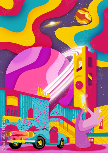 Background vector of fantasy town lost in the cosmos with the colorful theme.