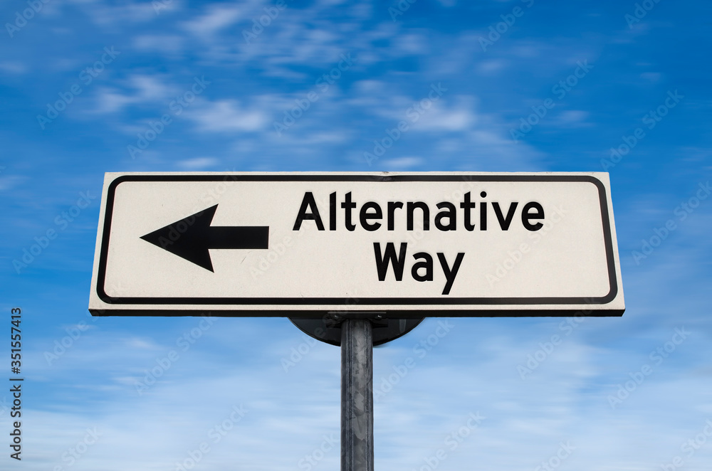 Alternative way road sign, arrow on blue sky background. One way blank road sign with copy space. Arrow on a pole pointing in one direction. Alternative way road sign, arrow on blue sky background. One way blank road sign with copy space. Arrow on a pole pointing in one direction.