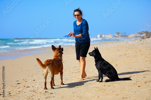 Mature Woman  playing with her dogs on the beach.