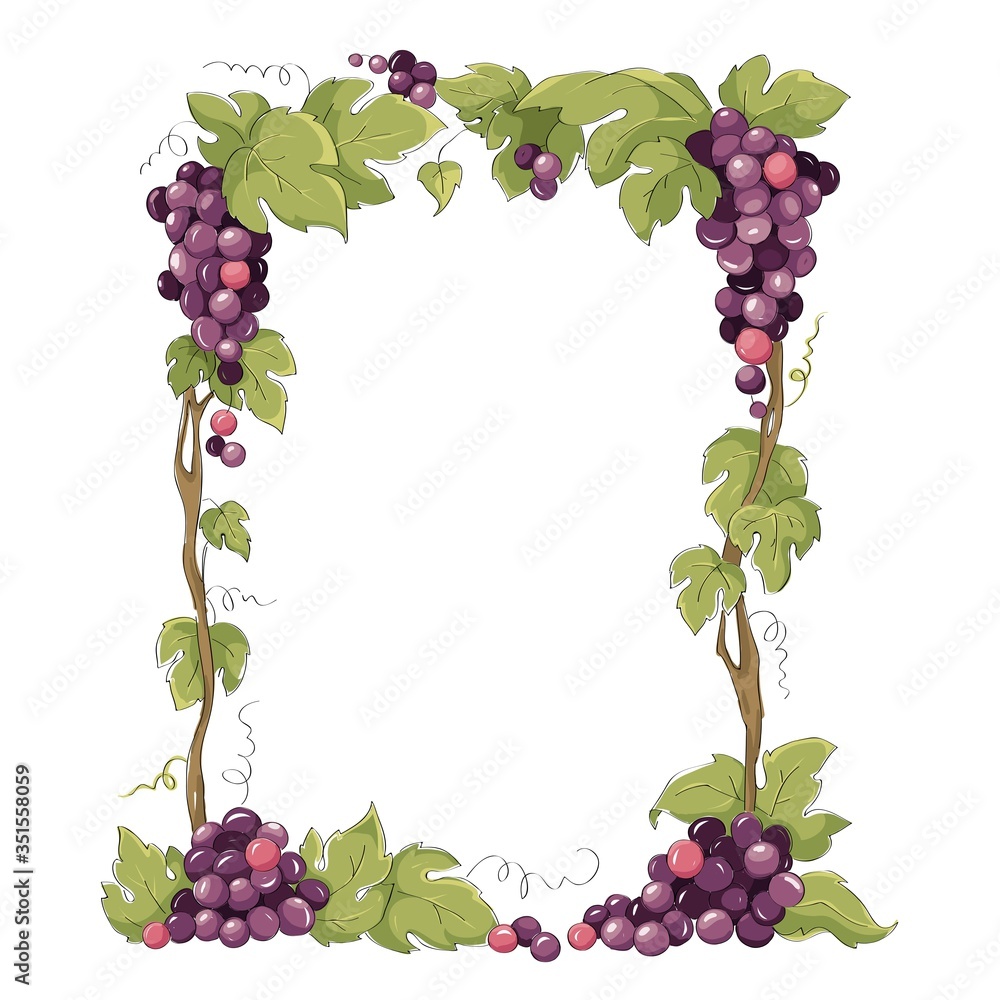 Frame from grapes for vine label. Purple grapes, Vector illustration in watercolor style. - obrazy, fototapety, plakaty 