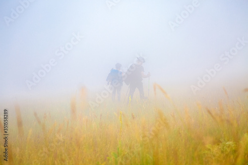 Misty morning tracking, couple walking across colourful alpine field in fog. Isolation in the nature concept. Idyllic springtime scenery in blooming meadow on Apennine Peninsula. secure distance 
