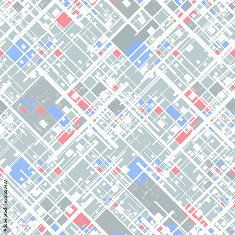 Seamless abstract geometric pattern.Red and blue squares on a gray and white background. Seamless abstract geometric pattern.Red and blue squares on a gray and white background.