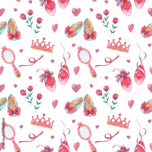 Hand drawn watercolor seamless pattern with little princess apparels and accessories. Baby girl festive pattern