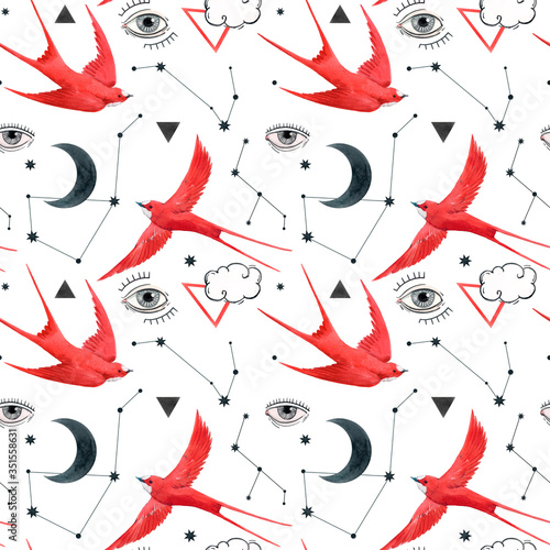 Beautiful seamless pattern with watercolor birds, moons and eyes. Stock illustration.
