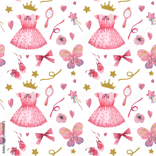 Hand drawn watercolor seamless pattern with little princess apparels and accessories. Baby girl festive pattern