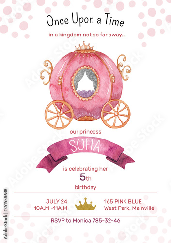 Watercolor baby shower invitation template. Little princess birthday invitation card