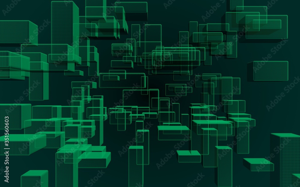 Green and dark abstract digital and technology background. The pattern with repeating rectangles. 3D illustration Green and dark abstract digital and technology background. The pattern with repeating rectangles. 3D illustration
