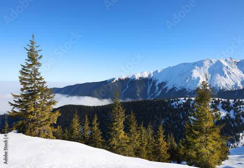Scenic winter landscape in the Transylvanian Alps, Romania, Europe