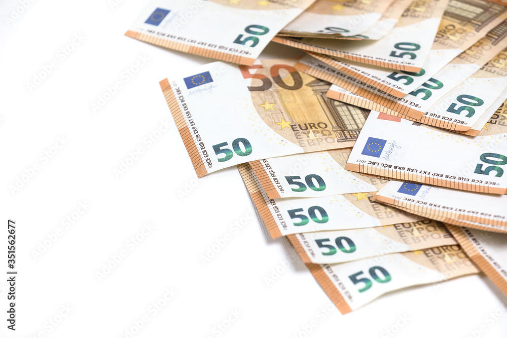 Stack of 50 euro banknotes isolated on a white background. Financial crisis. Purchasing power of money