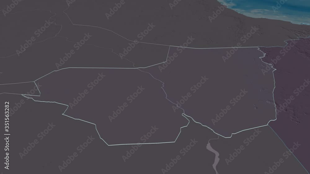 Kassala, state with its capital, zoomed and extruded on the administrative map of Sudan in the conformal Stereographic projection. Animation 3D Kassala, state with its capital, zoomed and extruded on the administrative map of Sudan in the conformal Stereographic projection. Animation 3D