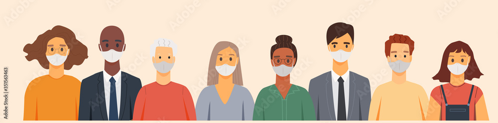 People in protective medical face masks. Men and women wearing protection from virus, urban air pollution, smog, vapor, pollutant gas emission. Vector illustration. People in protective medical face masks. Men and women wearing protection from virus, urban air pollution, smog, vapor, pollutant gas emission. Vector illustration.