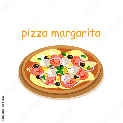Pizza margarita with mozzarella and tomatoes. Pizza and ingredients for its preparation. Delicious pizza, children's favorite dish. Pizza on the menu. Vector flat illustration.