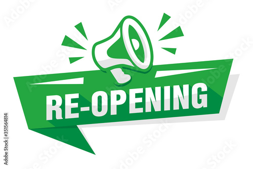 Reopening business or office. Green advertising sticker with megaphone. Illustration, vector photo