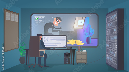 A security guard is watching a burglar in a security room. Identification of a thief. A thief steals a bank card near an ATM. Safety concept. Vector.