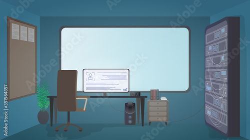 Security room. Computer, monitor, table, chair, large screen, data server. Workplace of the security service. Cartoon style. Vector.