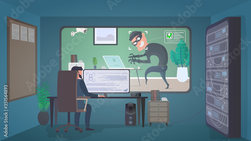 Security room. A masked thief steals a laptop. The criminal got into the apartment. The guard is watching the attacker. The concept of security and data protection. Vector.