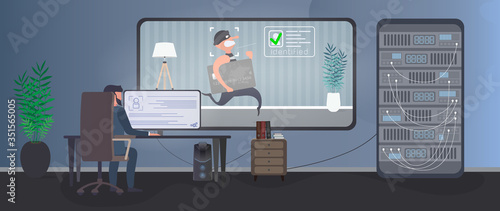 A guard watches the burglar in the security room. Identification of a thief. The thief stole a bank card and started to run away. Safety concept. Vector.