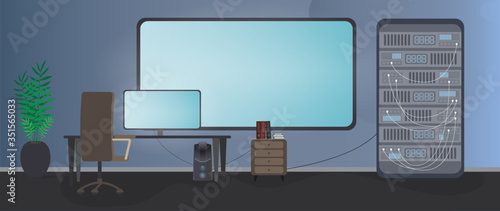 Security room. Computer, monitor, table, chair, large screen, data server. Workplace of the security service. Cartoon style. Vector.