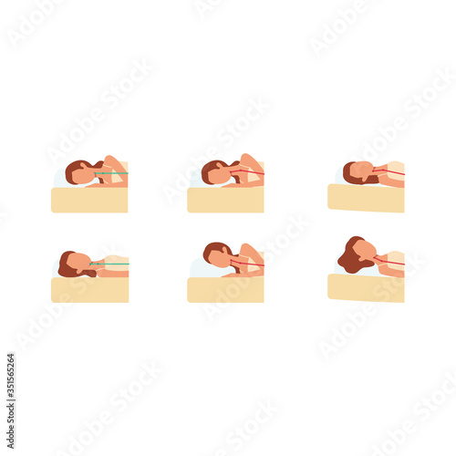 Set of icons, signs and symbols with correct and incorrect poses for sleeping women.