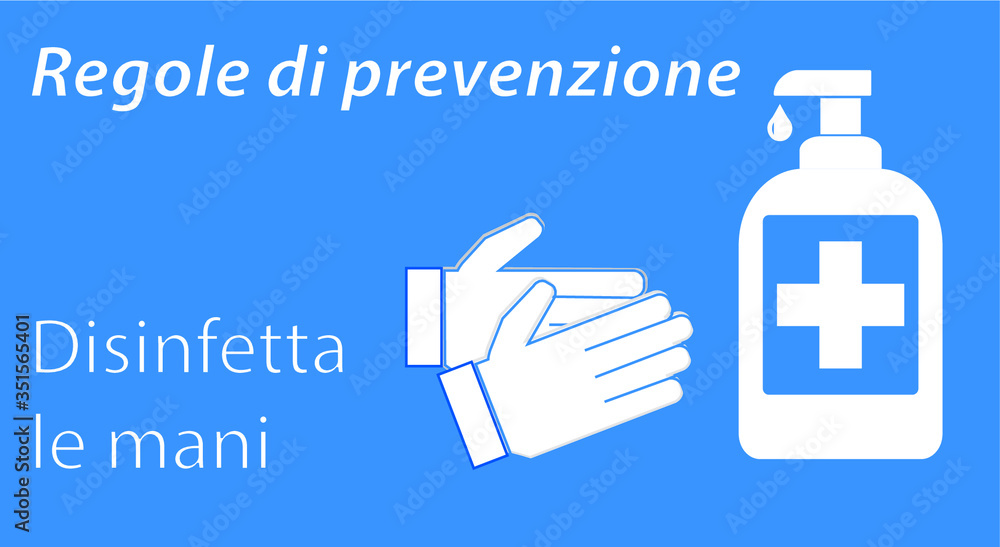 Icona Regole prevenzione Covid , disinfetta le mani, antibatterico. Bianco su fondo blu 