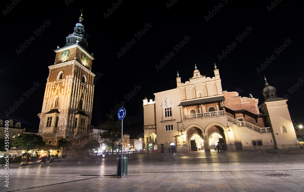 Cracow market square at night, Poland.