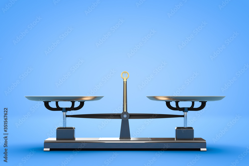Balanced kettlebell scales on a blue background. Side view. With copyspace. 3d rendering. Balanced kettlebell scales on a blue background. Side view. With copyspace. 3d rendering.