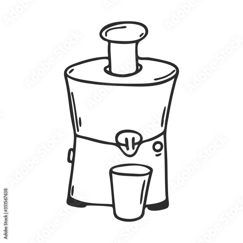 Electric juicer in Doodle style. Kitchen appliance for making fresh juice. Decorative element for menu design, recipes, and food packaging. Hand-drawn and isolated on a white. Black-white vector