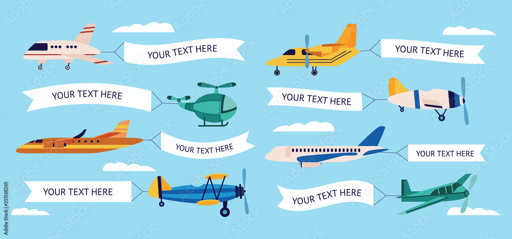 Set of cartoon airplanes with empty banners, different types of planes with text templates