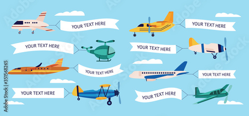 Set of cartoon airplanes with empty banners, different types of planes with text templates photo