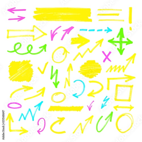 Set of hand drawn marker arrows and stains and shapes realistic style