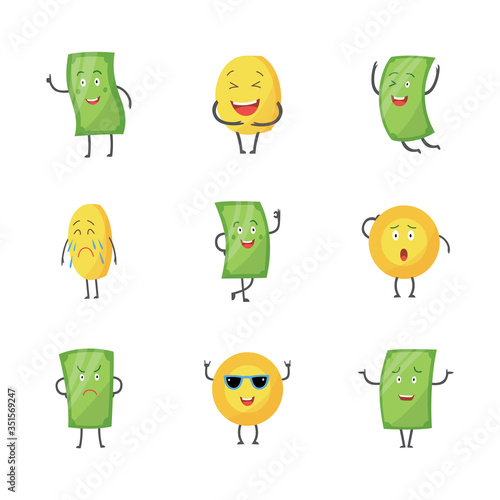 Cartoon money character set, green paper dollar bill and gold coin with arms, legs and facial expressions