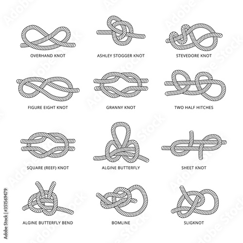 Set of marine rope or cord various knots with names vector illustration isolated.