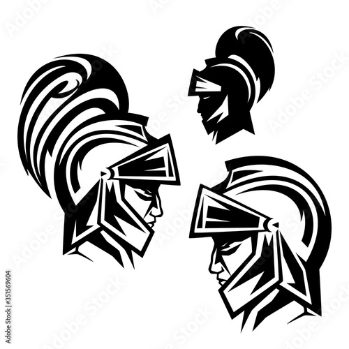 medieval fantasy hero with feathered helmet - black and white vector design of profile knight head