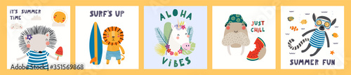 Collection of cards, posters with cute funny animals doing summer activities, text. Hand drawn vector illustration. Scandinavian style flat design. Concept for children holidays print, invite, banner.