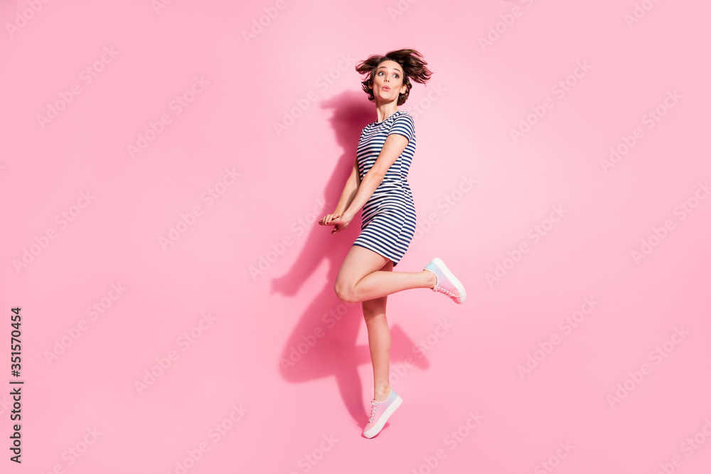 Full length photo of funky funny girl wait for her date jump look good send air kiss wear trend dress skirt shoes isolated over pastel color background Full length photo of funky funny girl wait for her date jump look good send air kiss wear trend dress skirt shoes isolated over pastel color background