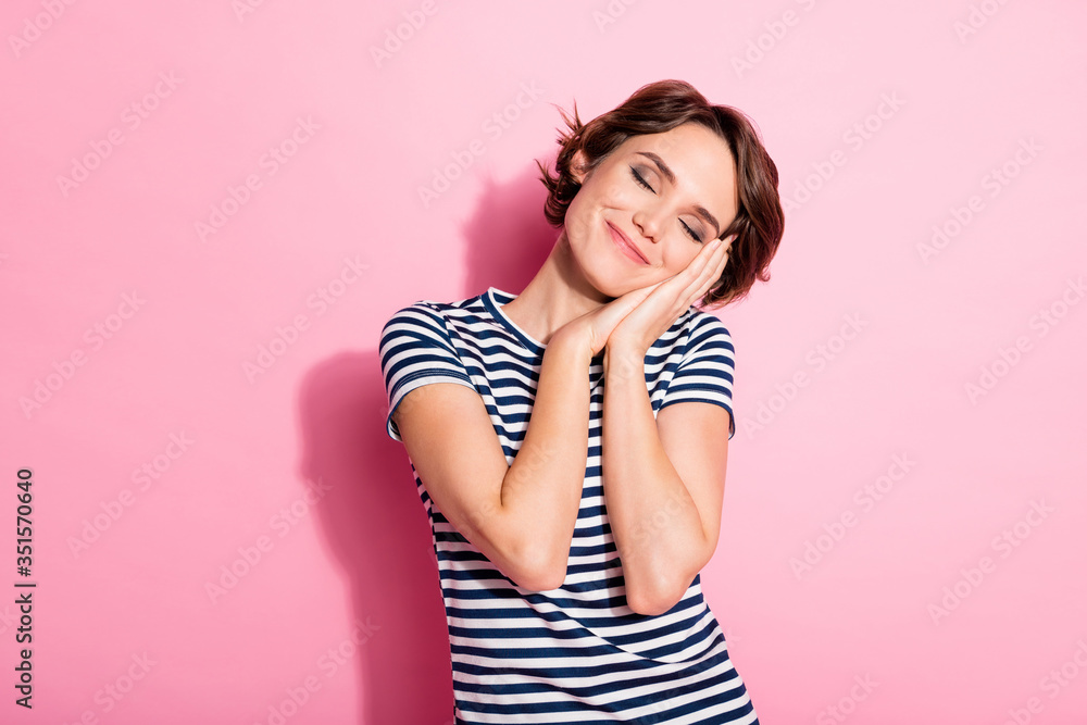 Portrait of nice charming youth girl close eyes have daydreaming nap after university education work wear good look outfit isolated over pastel color background Portrait of nice charming youth girl close eyes have daydreaming nap after university education work wear good look outfit isolated over pastel color background