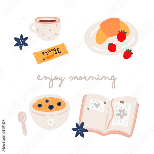 Enjoy morning set. Breakfast illustration. Plate with meal, croissant, strawberry, cup of coffee or tee, diary or planner. Morning routing bundle. Vector illustration with food isolated on white