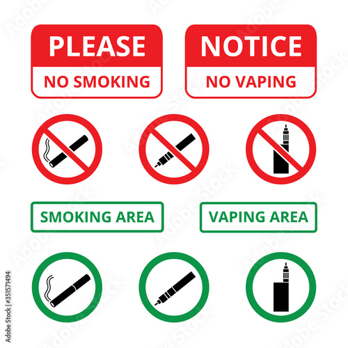 Set of signs and stickers with a cigarette and vapes prohibiting and allowing smoking and vaping.