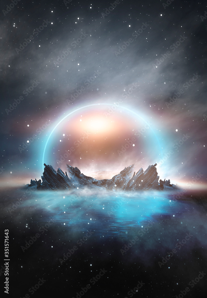Futuristic night landscape with abstract landscape and island, moonlight, shine. Dark natural scene with reflection of light in the water, neon blue light. Dark neon circle background. Futuristic night landscape with abstract landscape and island, moonlight, shine. Dark natural scene with reflection of light in the water, neon blue light. Dark neon circle background.