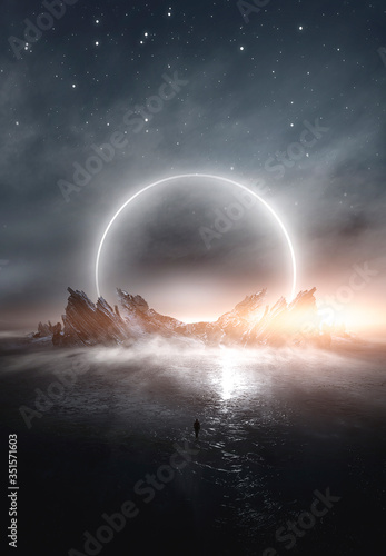 Futuristic night landscape with abstract landscape and island, moonlight, shine. Dark natural scene with reflection of light in the water, neon blue light. Dark neon circle background.