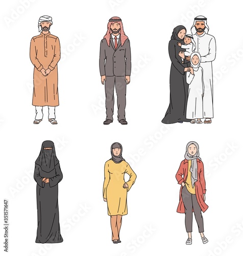 Muslim cartoon character set - people in traditional Arab clothing and religious Islam headwear standing and posing