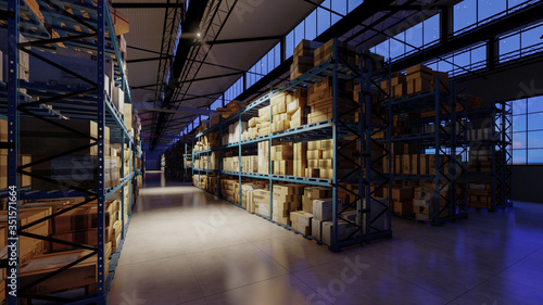 Warehouse Interior with Nighttime Sky Outside the Windows 3D Rendering