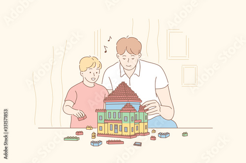 Childhood, fatherhood, game, blocks concept. Cartoon characters happy smiling boy kid child son and young man father playing, building house from blocks details. Family fathers day and funny leisure time.
