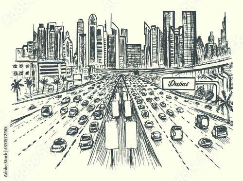 Dubai busy highway scene with cityscape panorama on background, hand drawn, sketch style, isolated, vector, illustration.
