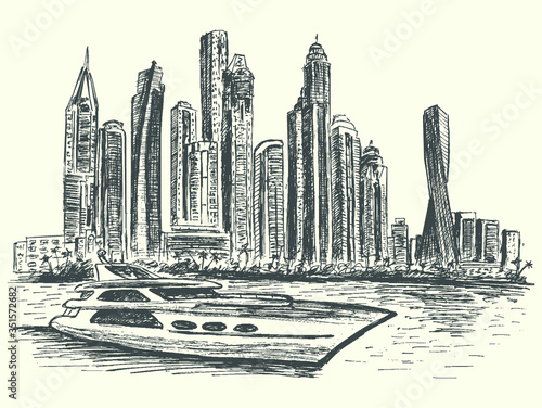 Dubai City panorama scene with modern luxury boat and architecture, hand drawn, sketch style, vector, illustration.
