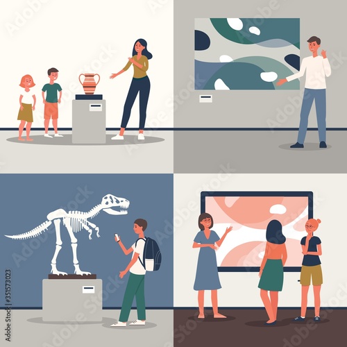 Museum exhibition visitors set - cartoon people in art gallery exhibit tour looking at paintings, dinosaur bones and ancient vase