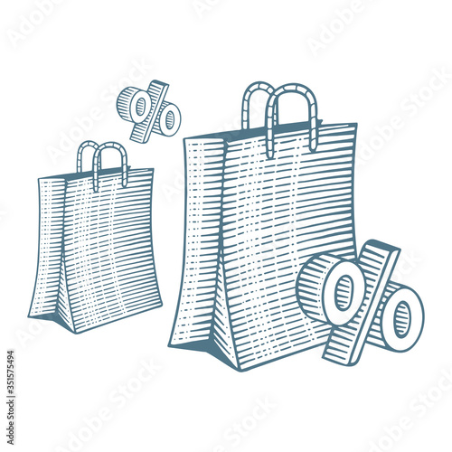 Sale concept hand drawn vector illustration. Shopping bag with percent symbols. Discount metaphor vintage style sketch graphic. Part of set. 