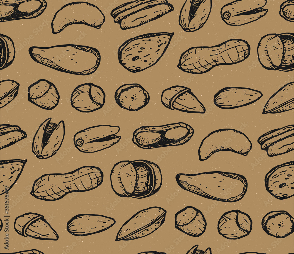 Fototapeta Seamless texture with nuts. Repeating background with nuts. A great background for your design. Pecan, Cashew, Hazelnut, almond, Brazil nut, peanut, Pistachio.