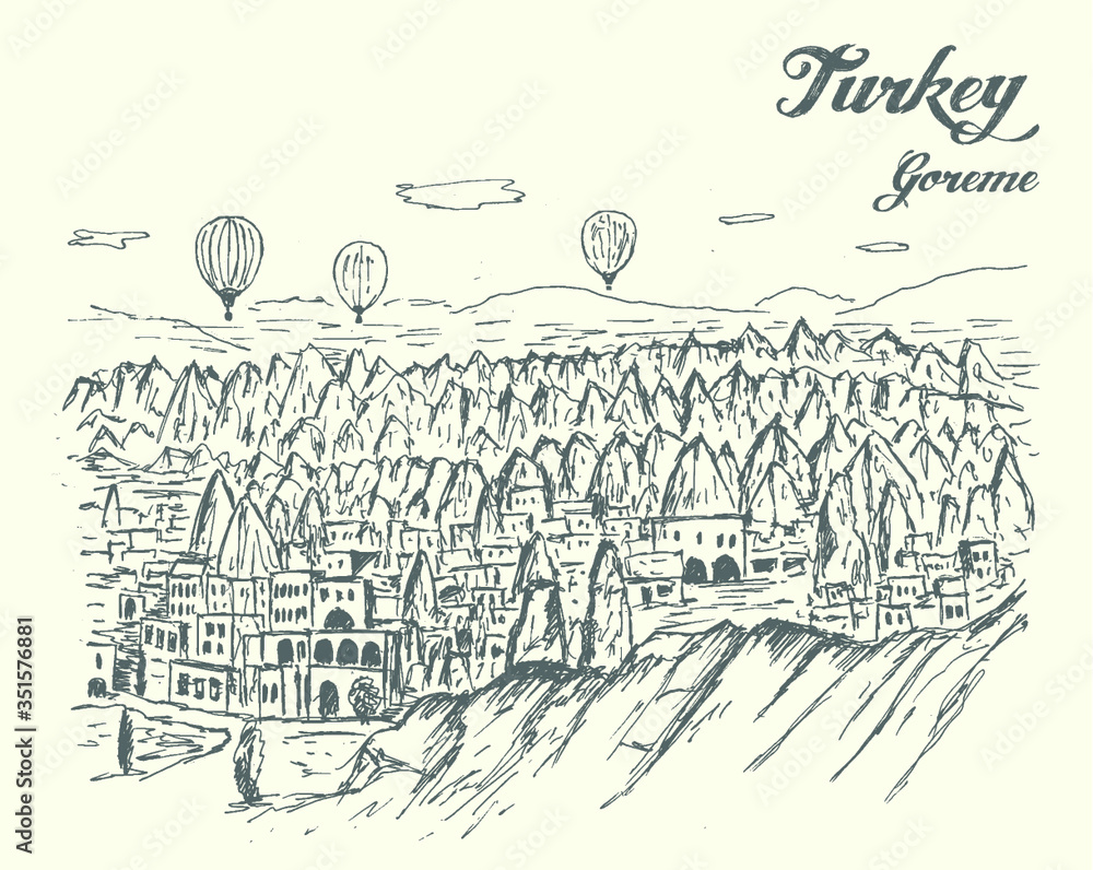 Cappadocia turkish historical place. Hand drawn style , vector, isolated illustration.
